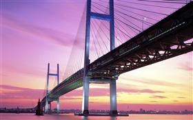Japan, bridge, sea, sunset