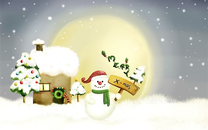 Merry Christmas, snowman, trees, moon, house, snow Wallpapers Pictures Photos Images