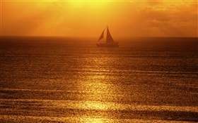 Morning, fog, sea, boat, sun rays HD wallpaper