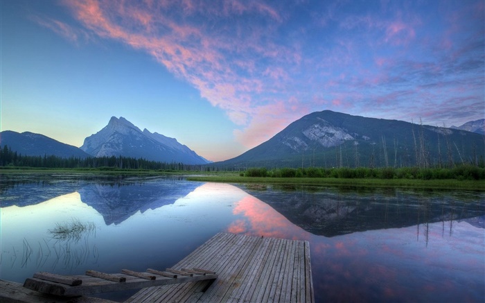 Mountains, dawn, lake, pier, water reflection Wallpapers Pictures Photos Images