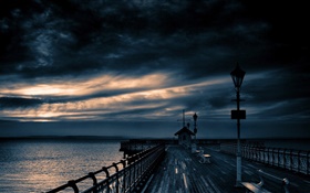 Pier, sea, dusk, cloudy sky