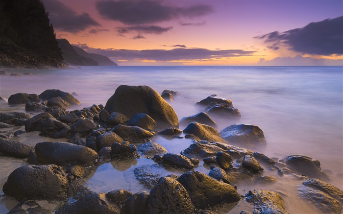 Rocks, beach, sea, sunset, Hawaii, USA Wallpapers Pictures Photos Images