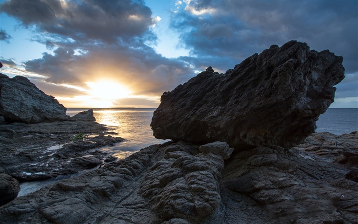 Rocks, sea, sunset, Coromandel, New Zealand Wallpapers Pictures Photos Images
