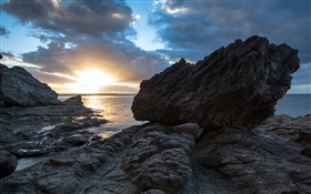 Rocks, sea, sunset, Coromandel, New Zealand HD wallpaper