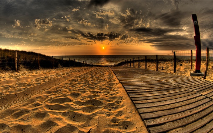 Sands, beach, pier, sunset, clouds Wallpapers Pictures Photos Images
