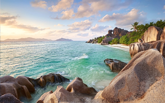 Seychelles Island, stones, sea, coast, beach, sunset Wallpapers Pictures Photos Images
