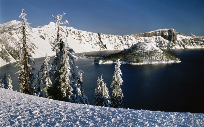 Snow, volcanic lake, trees Wallpapers Pictures Photos Images