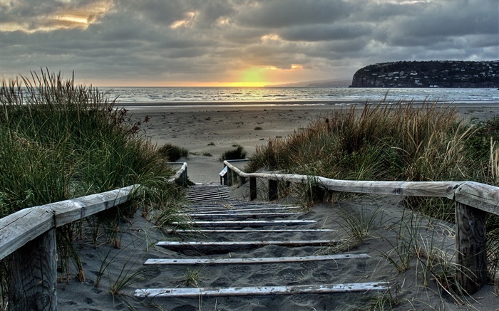 Sunrise, stairs, coast, Southshore, Christchurch, New Zealand Wallpapers Pictures Photos Images