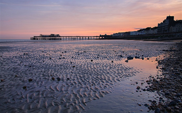 Sunset, pier, beach, dusk, Hastings, England Wallpapers Pictures Photos Images