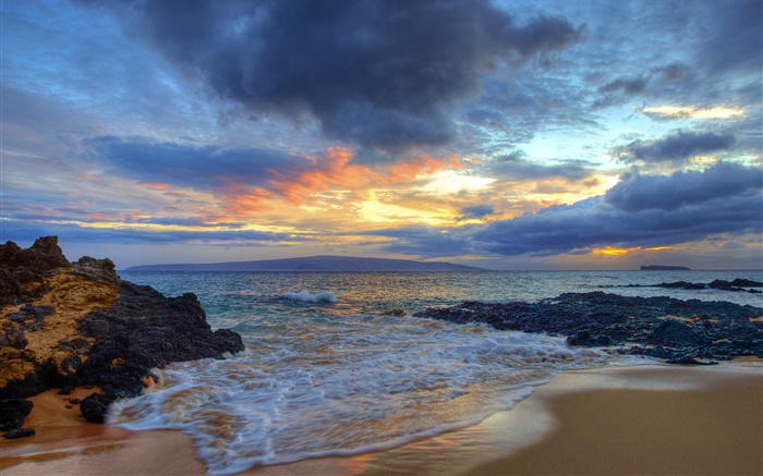 Sunset, sea, coast, Secret Beach, Maui, Hawaii, USA Wallpapers Pictures Photos Images