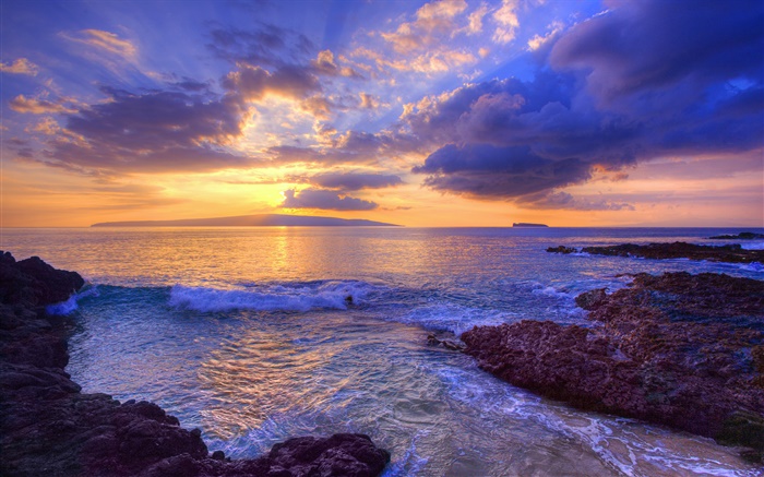 Sunset, waves, Secret Beach, Maui, Hawaii, USA Wallpapers Pictures Photos Images