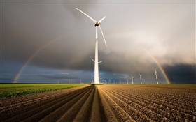 Windmills, rainbow, field HD wallpaper
