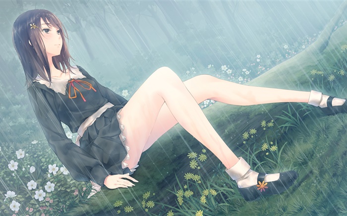 Anime girl, flowers, rain Wallpapers Pictures Photos Images
