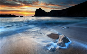 Beautiful coast landscape, sunset, rocks, sea HD wallpaper