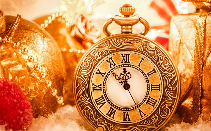 Christmas decoration, clock, balls, New Year Wallpapers Pictures Photos Images