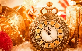 Christmas decoration, clock, balls, New Year HD wallpaper