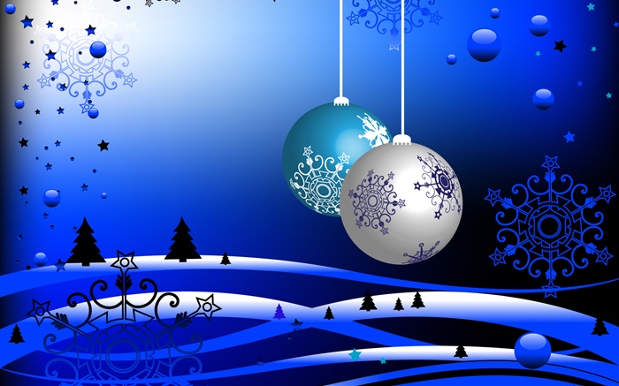 Christmas theme, vector pictures, balls, trees, snow, blue style Wallpapers Pictures Photos Images