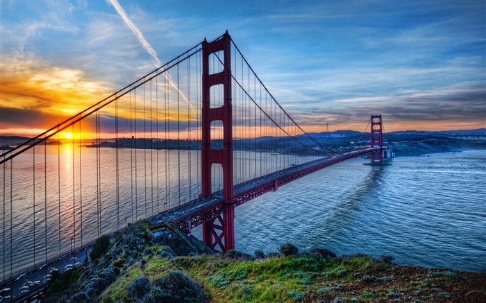 Golden Gate Bridge, San Francisco, California, USA, sea, sky, sunset Wallpapers Pictures Photos Images