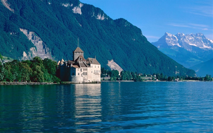 Lake, mountain, castle, houses, trees Wallpapers Pictures Photos Images