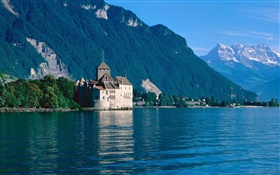 Lake, mountain, castle, houses, trees HD wallpaper