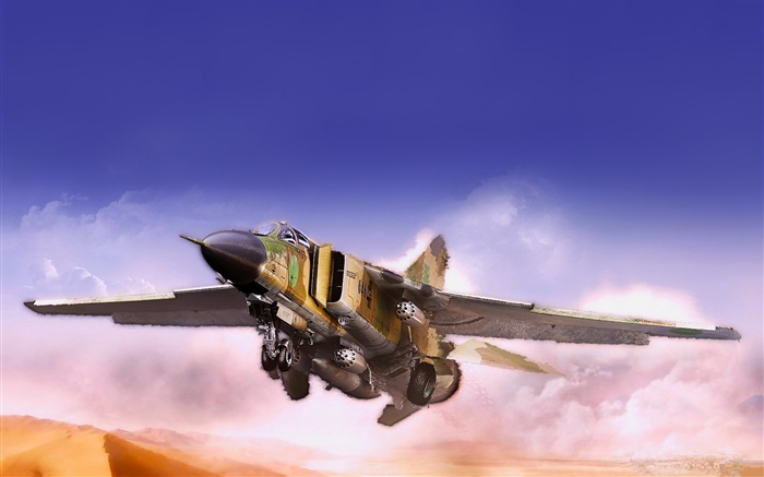 MiG fighter, flying, desert, clouds Wallpapers Pictures Photos Images