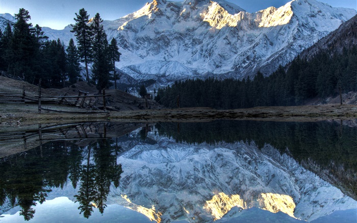 Mountains, lake, trees, water reflection, snow Wallpapers Pictures Photos Images