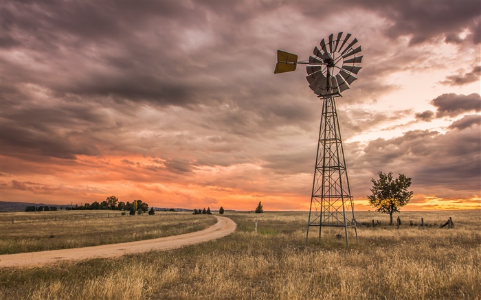 New South Wales, Australia, grass, windmill, clouds, sunset Wallpapers Pictures Photos Images