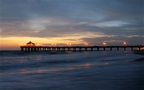 Pier, lights, clouds, sea, dusk HD wallpaper
