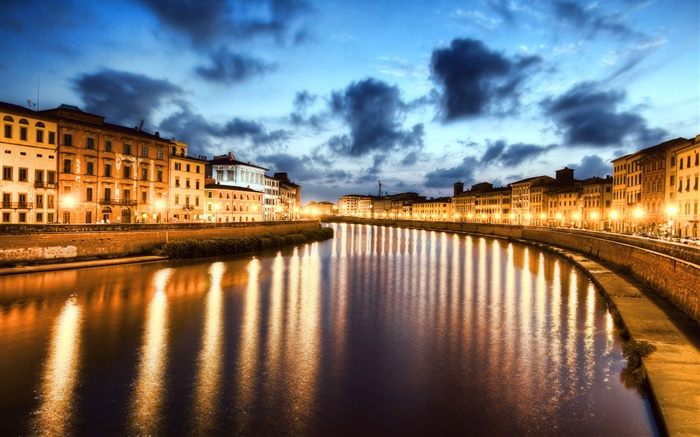 Pisa, Italy, city night, lights, river Wallpapers Pictures Photos Images