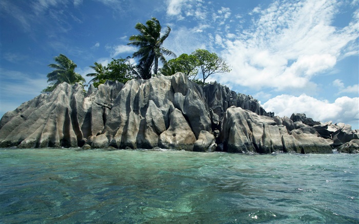Sea, stones, trees, clouds, Seychelles Island Wallpapers Pictures Photos Images