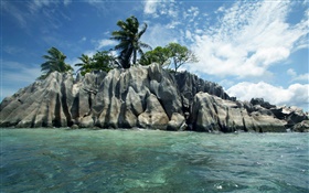 Sea, stones, trees, clouds, Seychelles Island HD wallpaper