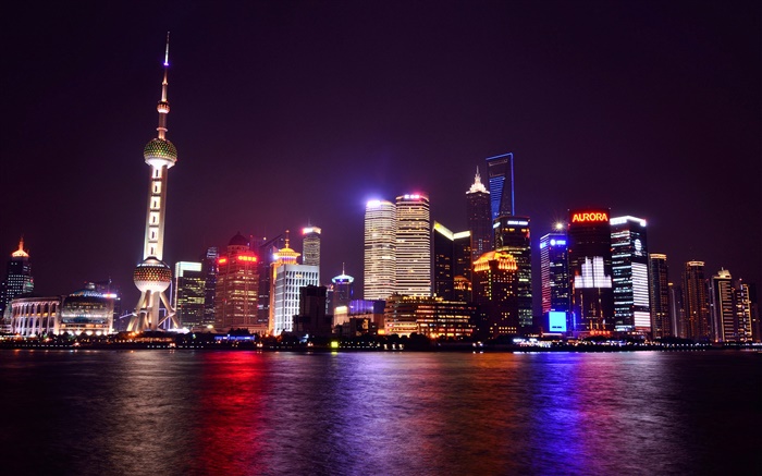Shanghai, China, night, city, lights, skyscrapers, river Wallpapers Pictures Photos Images