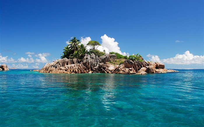 Small island, blue sea, sky, Seychelles Island Wallpapers Pictures Photos Images