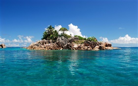 Small island, blue sea, sky, Seychelles Island HD wallpaper
