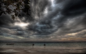 Storm, clouds, coast, beach, boat, evening HD wallpaper