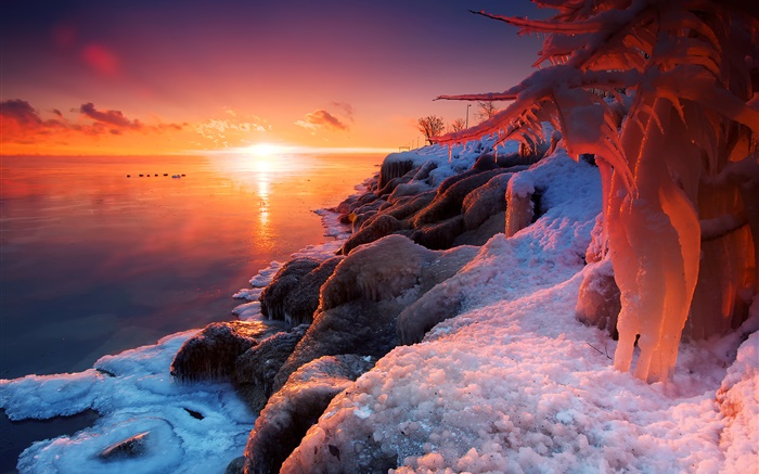 Winter, sunrise, lake, ice, snow, beautiful scenery Wallpapers Pictures Photos Images