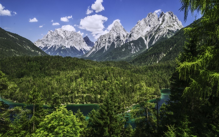 Alps, Bavaria, Germany, mountains, forest, river Wallpapers Pictures Photos Images