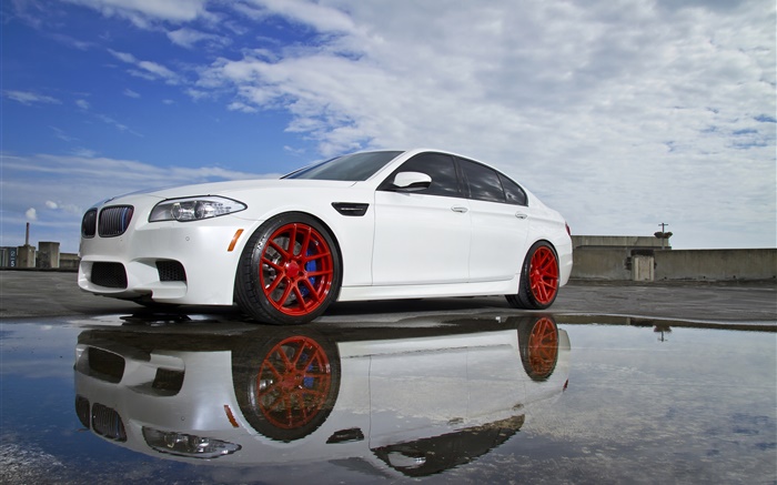 BMW M5 F10 white car, puddle Wallpapers Pictures Photos Images