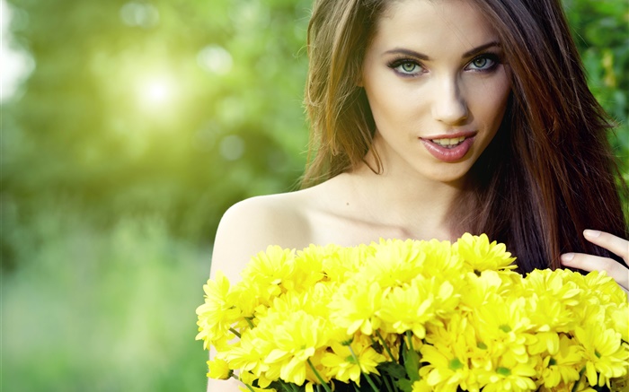 Beautiful long hair girl, yellow chrysanthemums Wallpapers Pictures Photos Images