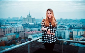 Blonde girl, roof, city HD wallpaper