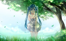 Blue hair anime girl, Hatsune Miku, trees, grass, leaves