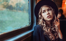 Brown eyed girl, hat, train HD wallpaper