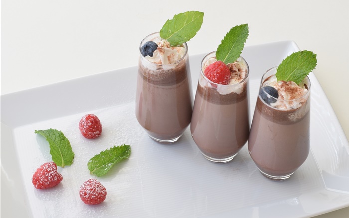 Chocolate drink, berries, raspberries, glass cups Wallpapers Pictures Photos Images