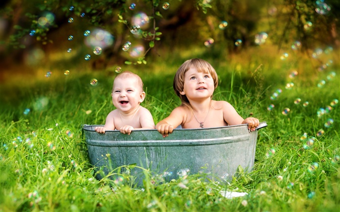 Cute children, summer, grass, bubbles, joy Wallpapers Pictures Photos Images