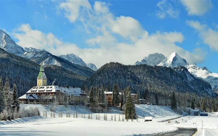 Elmau Castle, Bavaria, Germany, mountains, trees, winter, snow Wallpapers Pictures Photos Images