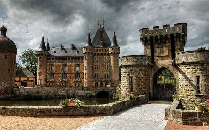 France, Castle of La Clayette, fortress, towers, gate, clouds Wallpapers Pictures Photos Images