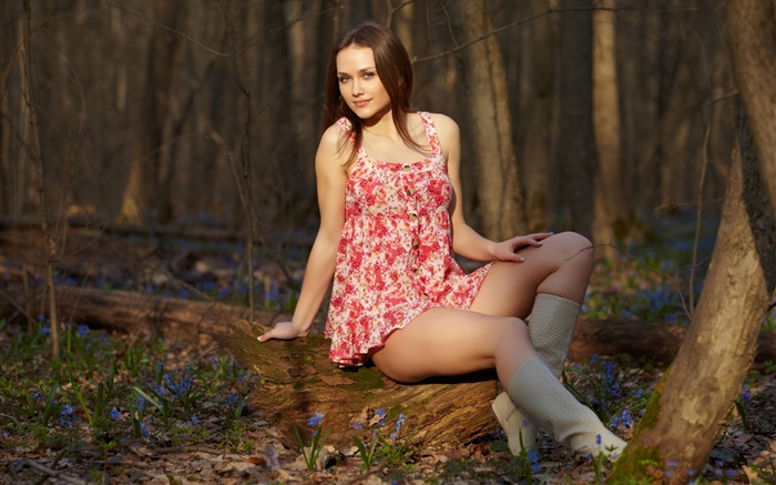 Girl sit at forest, legs, red dress, posture Wallpapers Pictures Photos Images