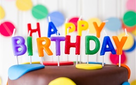 Happy Birthday, candles, cake, colorful letters HD wallpaper