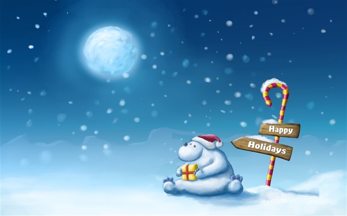 Happy Holidays, snow, bear, moon Wallpapers Pictures Photos Images