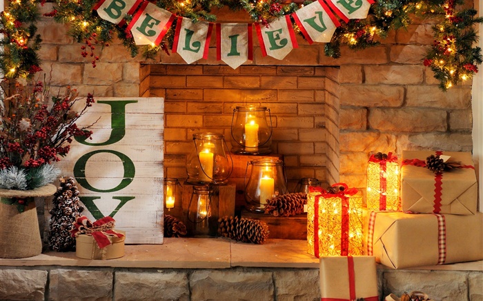 Happy New Year, Merry Christmas, fireplace, candles, gift boxes Wallpapers Pictures Photos Images